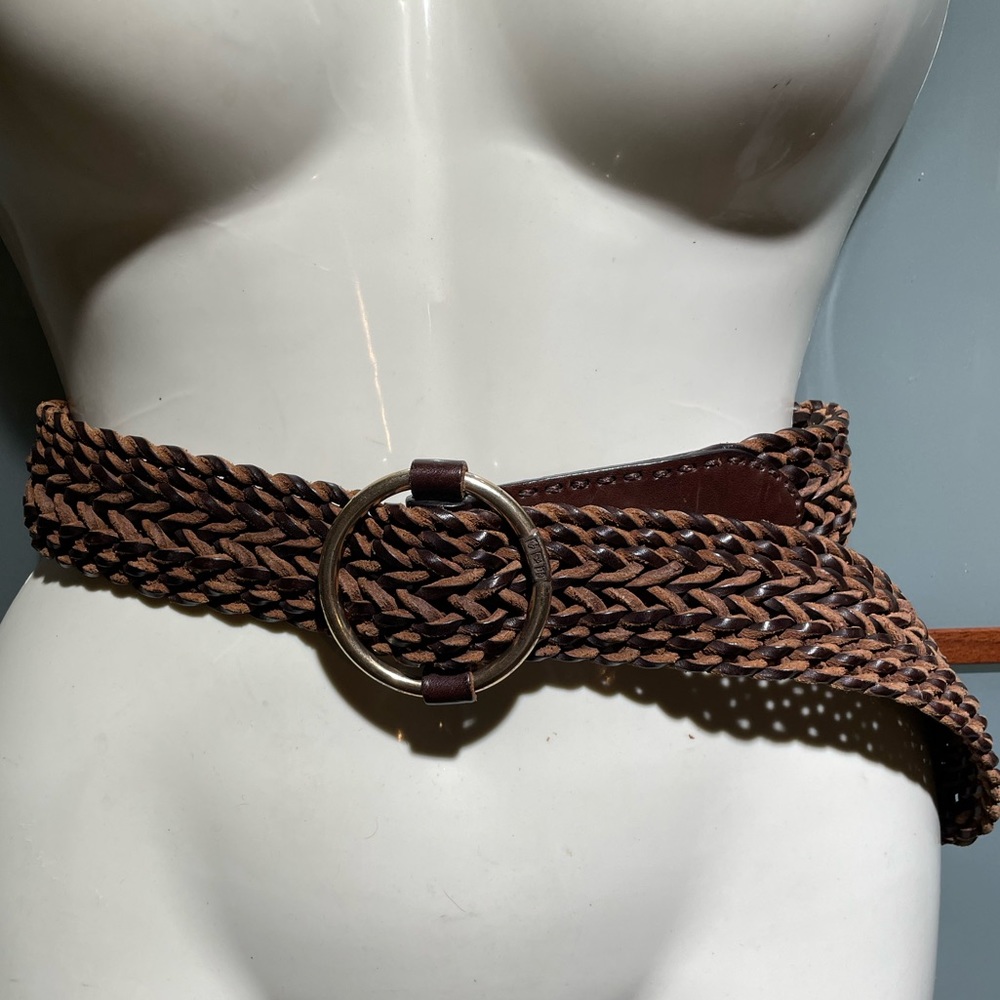 Lauren Ralph Lauren Womans Wide Leather Braided Woven Brown Leather Belt Size M